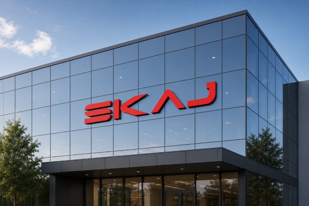 SKAJ headquarters facade with branded glass